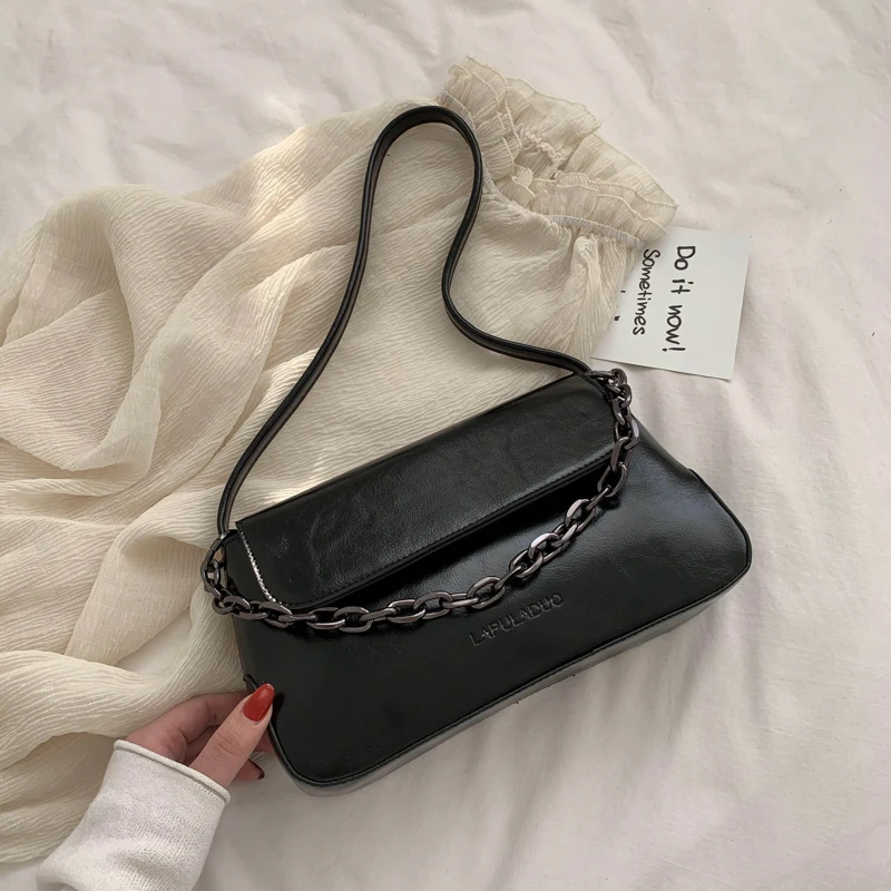 

Summer Flap Shoulder Bag Woman PU Leather Black Letter Chain Soft Underarm Crossbody Solid Hasp Versatile Purses And Handbags