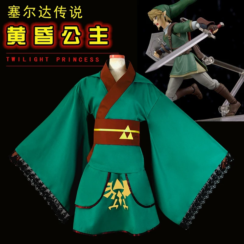 

THE LEGENDOFZELDA Link Dress Greeen Kimono Costume Hero Yukata Kimono Robe Version Outfit Suit Women Dress With Cap