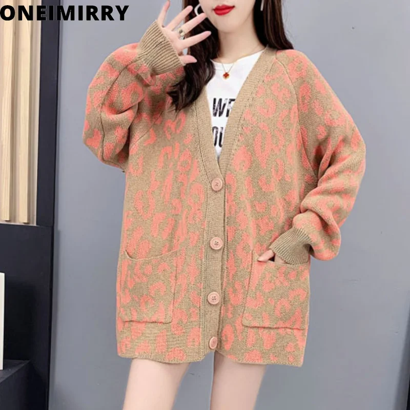 

Oneimirry Leopard Sweaters Cardigans Women Loose Clothing Fall 2021 V-Neck Knitted Tops Simple Pocket Vintage Long Cardigan