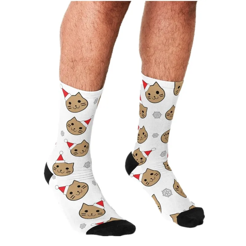 

Забавные мужские носки 2021, счастливые мужские носки в стиле хип-хоп с рождественским рисунком котенка, милые мужские сумасшедшие носки в ул...