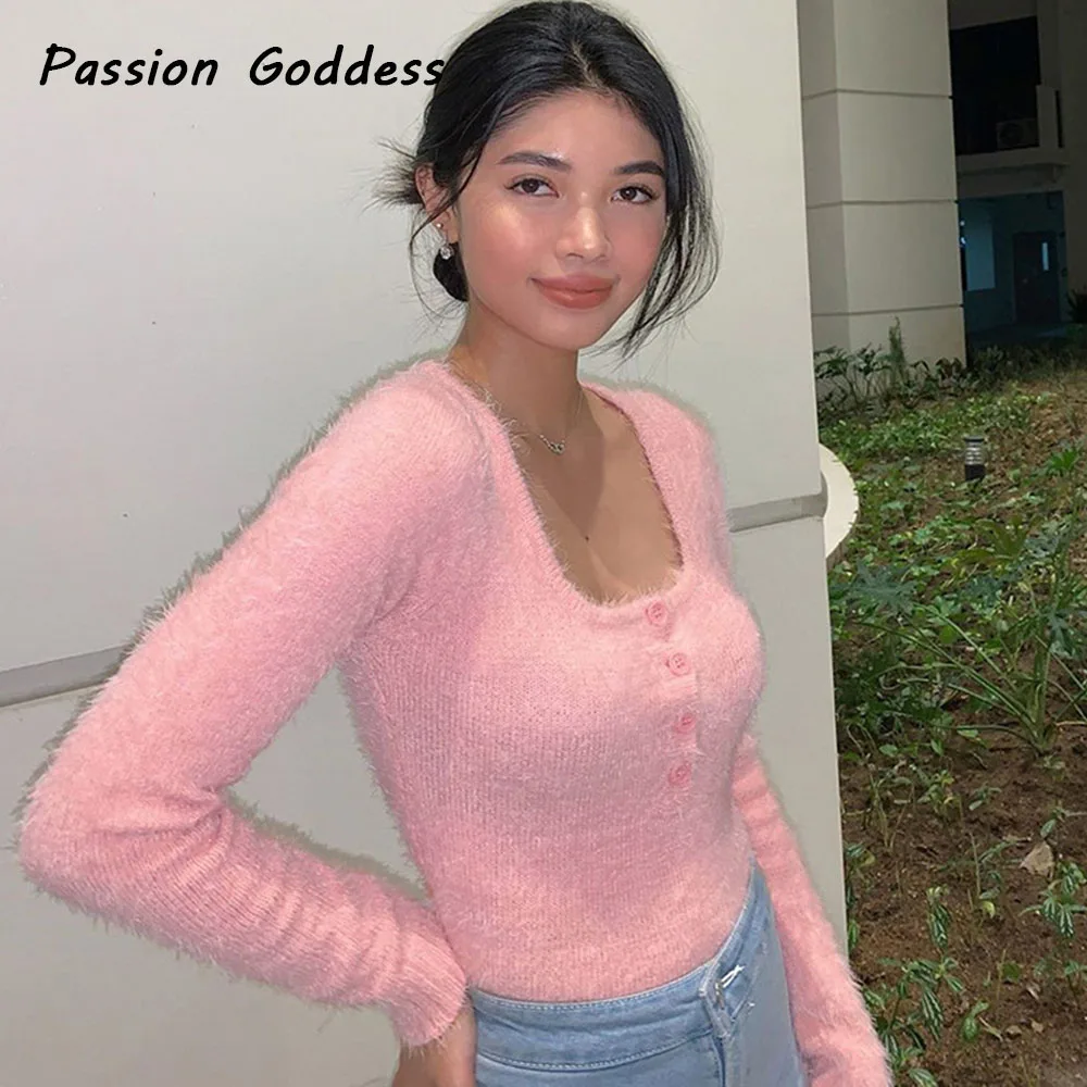 Милый пушистый розовый свитер для женщин и девочек милый плюшевый на пуговицах с