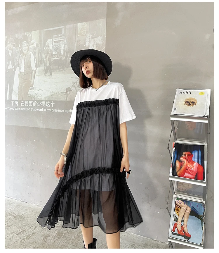 

Women Oversized Splice Mesh Streetwear Gothic Casual Loose Long Dresses Female Short Sleeve O-neck Woman Dress 2021 Summer