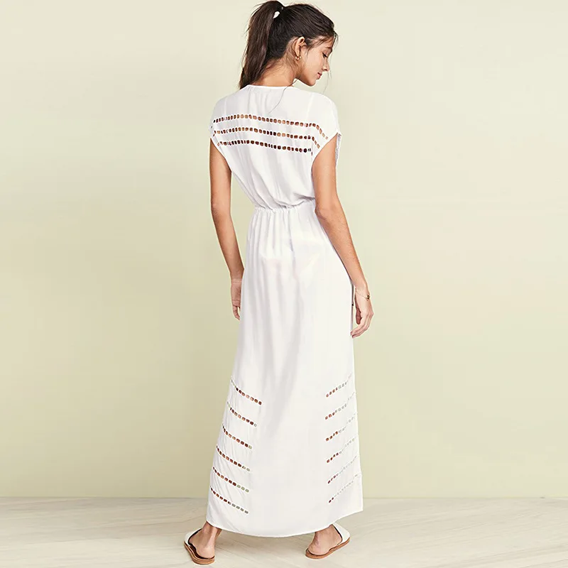 Хлопковое белое пляжное платье туника длинное парео саронг бикини накидка