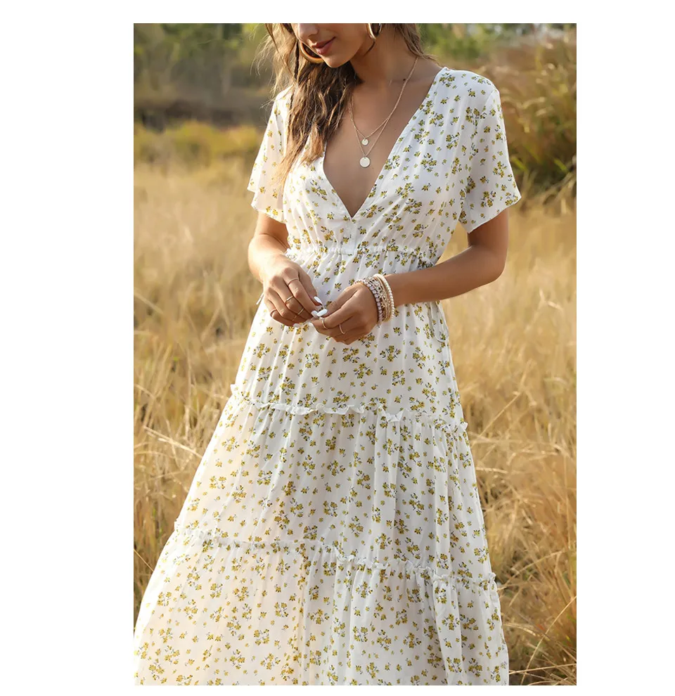 

2021 new Dress V-Neck Floral Print Women Dress Patchwork High Split Long Maxi Dresses Beach