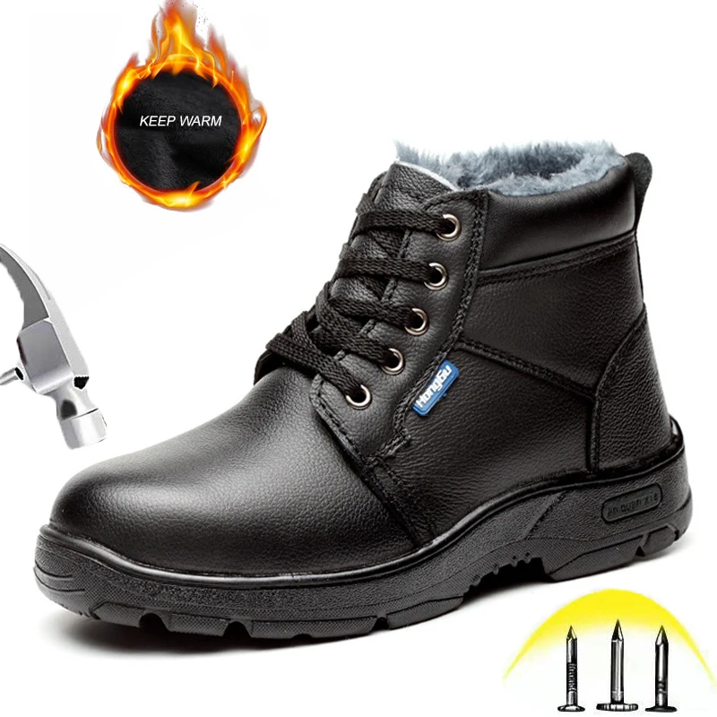 

Winter Safety Boots with Steel toe Mens PU Leather Inside Velvet Protective Shoes Male Outdoor Ankle High top Work Safety Shoes