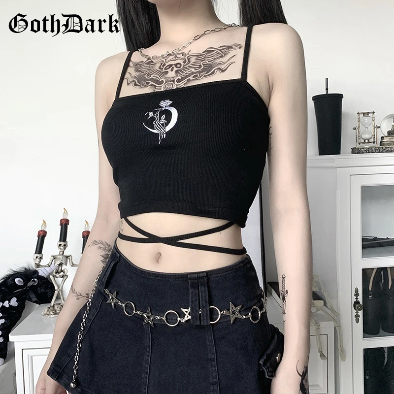 Женский топ с вышивкой Goth Dark черный облегающий Топ без рукавов принтом в виде роз