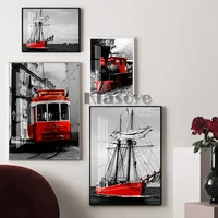 black white photography red element art prints poster steam train streetcar sailboat wall stickers city landscape home decor