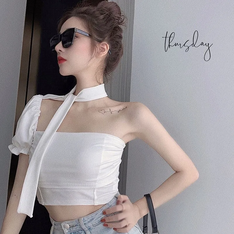 

White T Shirt Women's Fashion Chic One-Shoulder Puff Sleeve Halter Top Sexy Slim-fit Crop T-shirt