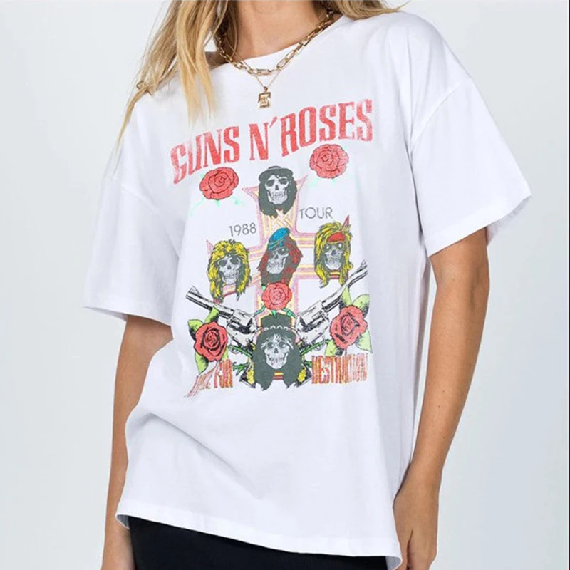 

White Letter Skull Print Graphic T Shirts Women Vintage Casual Streetwear Harajuku Loose O Neck Short Sleeve Fashion Tops Summer