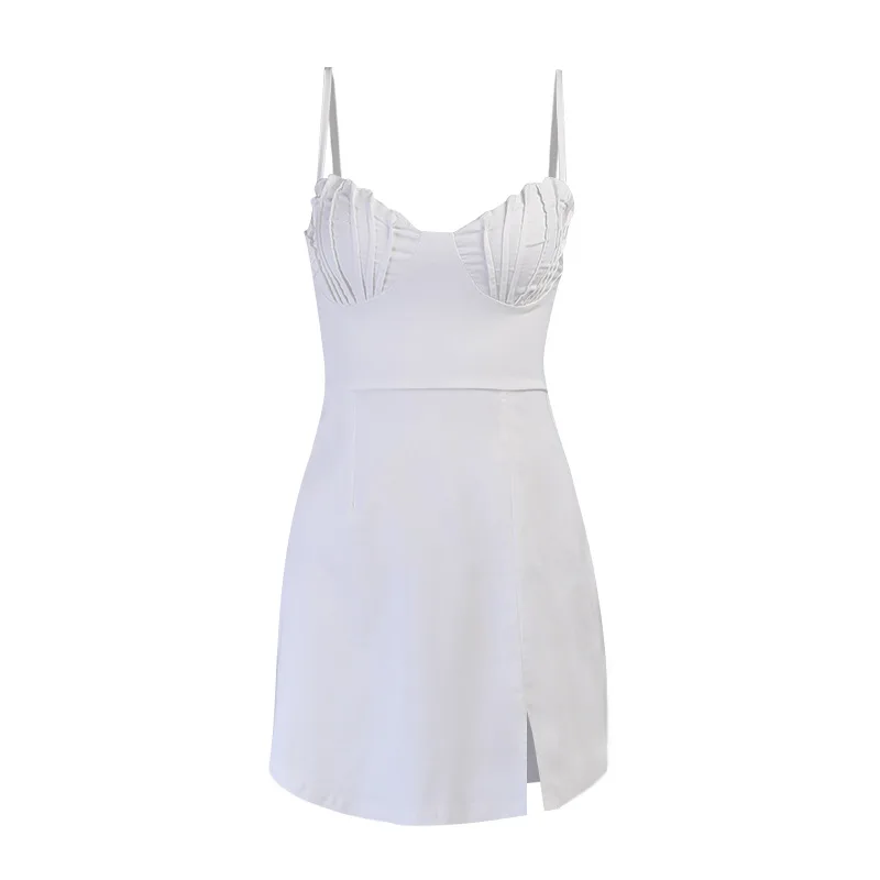 

Women Sexy V Neck Solid Color Ruched Skinny Sleeveless Backless Spaghetti Strap Mini Sheath Split Dress Camisole Elegant OL Lady
