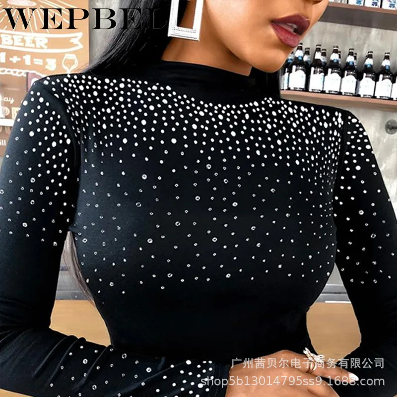 

WEPBEL Women Elegant Butterfly Print Shirt Top with Diamond Chain Ladies Sexy Long Sleeve O Neck Skinny T-shirt
