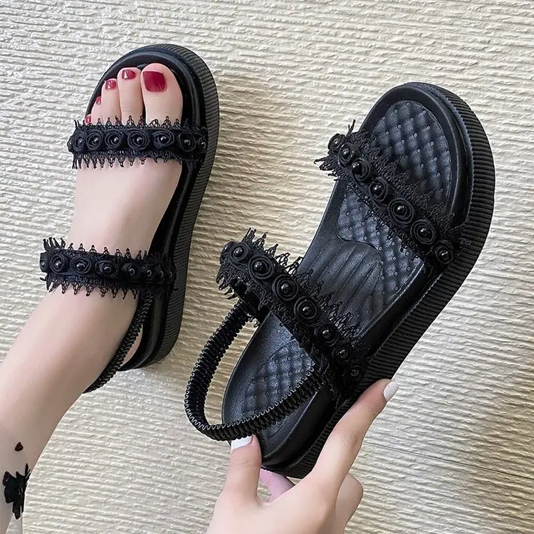 

Wedge Sandals Women's Summer Thick-Soled Summer New One-Word Strap Beach Shoes Student Shoes Women's Shoes