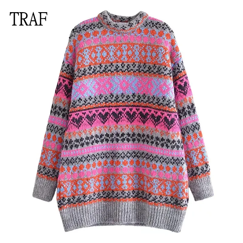 

Свитер женский зимний оверсайз с длинным рукавом, жаккардовый