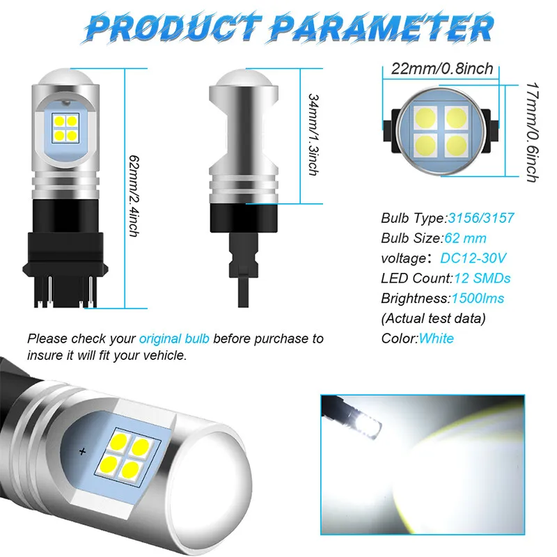 3156/3157 Реверсивный стоп-сигнал автомобиля, указывающий поворот, парковочный светильник лампы DC12-30V белого цвета светодиодный чип светильника обратного хода 2шт вкл.