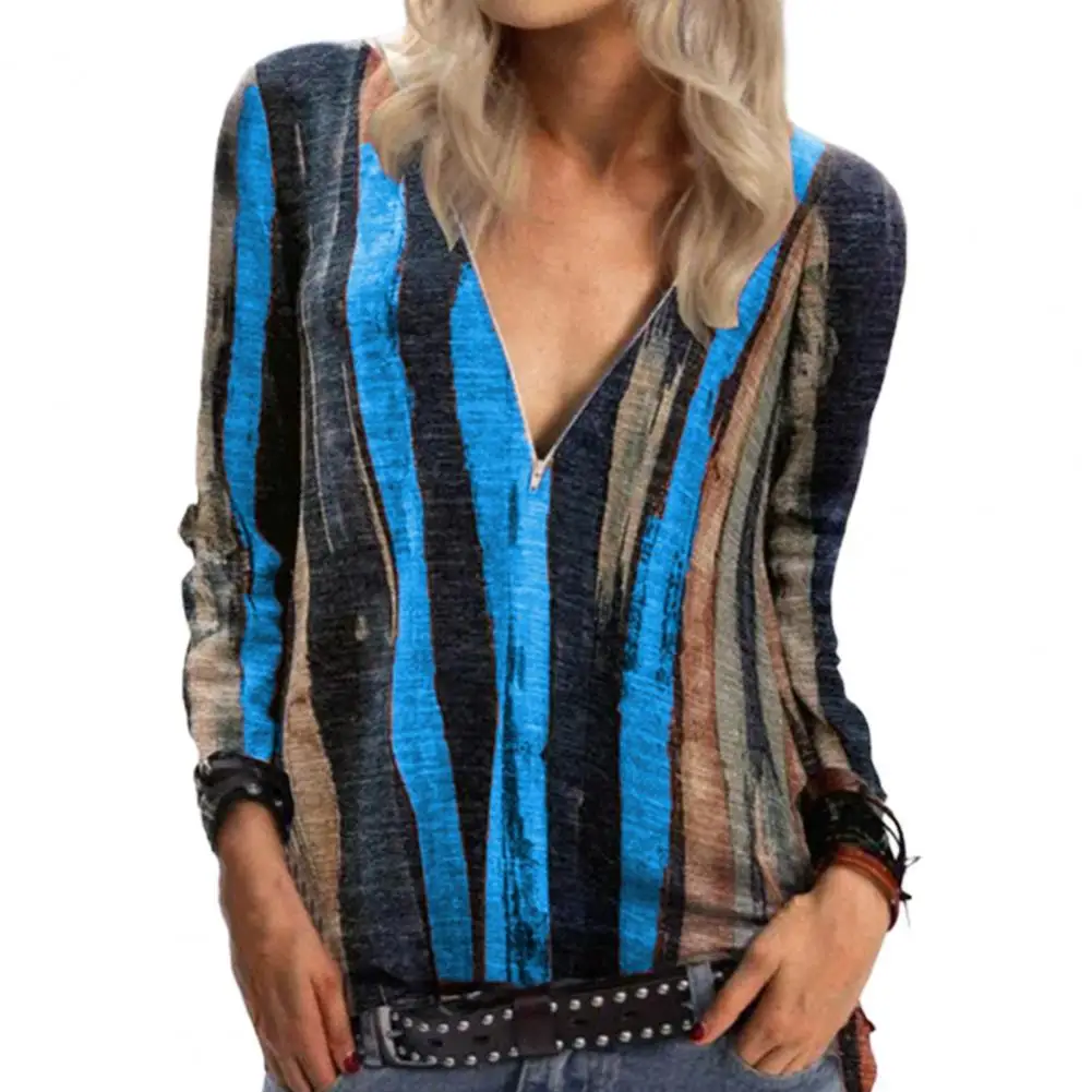 

New Stylish V Neck Blouse Tops Lady Casual Blouse Tie-Dye Top Striped Print Long Sleeve T-Shirt Pullover for Office Streetwear