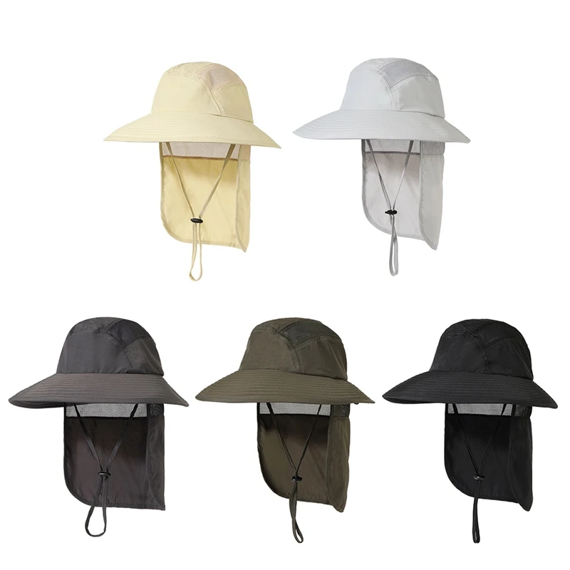 

Summer Men UPF 50+ Sun Protection Cap Wide Brim Fishing Hiking Hat With Neck Flap Neck Cover Bucket Hats 1