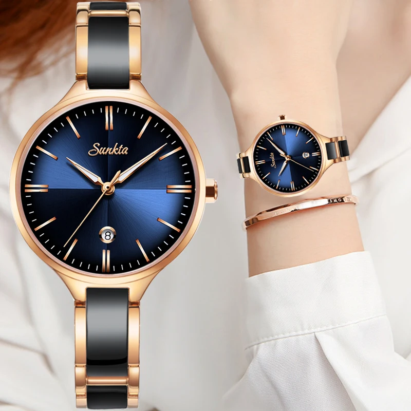 

Часы женские SUNKTA с керамическим ремешком, водонепроницаемые, с синей поверхностью