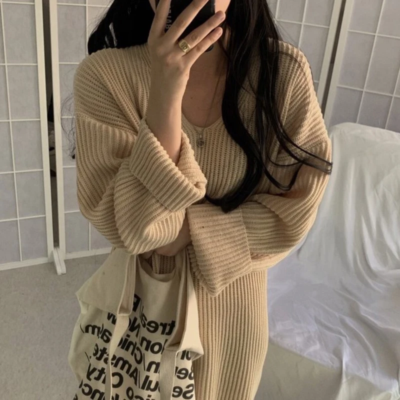 BGTEEVER зимнее теплое длинное платье-свитер в полоску с v-образным вырезом для