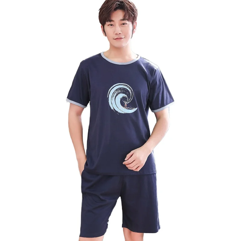 Летний мужской пижамный комплект королевский синий 100% хлопок рубашка для сна и