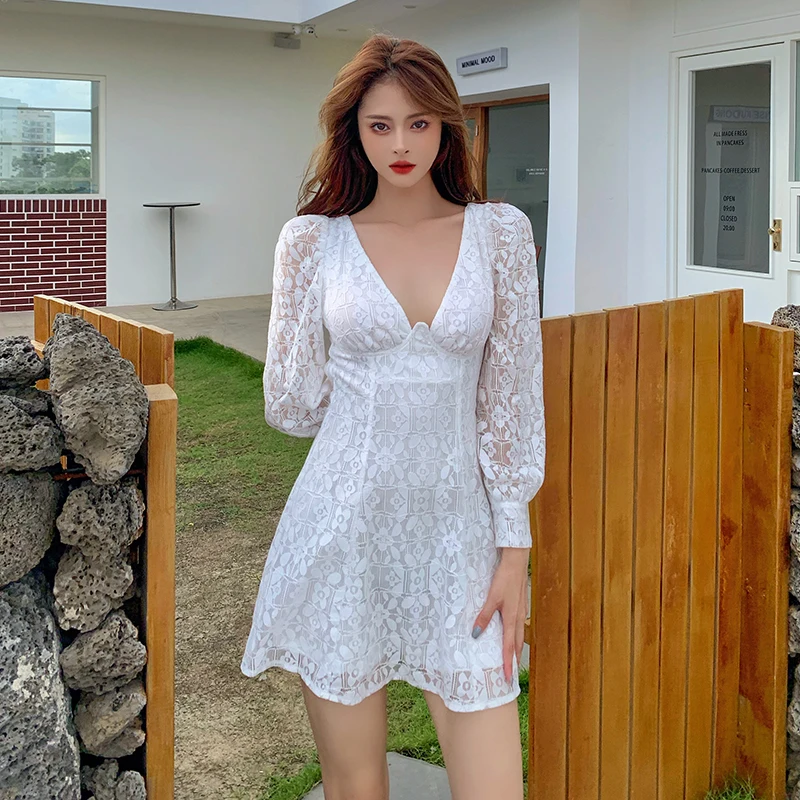 Женское кружевное платье ZOSOL, Белое Облегающее Платье с V-образным вырезом, лямкой на шее и сумочкой на бедрах, 2021