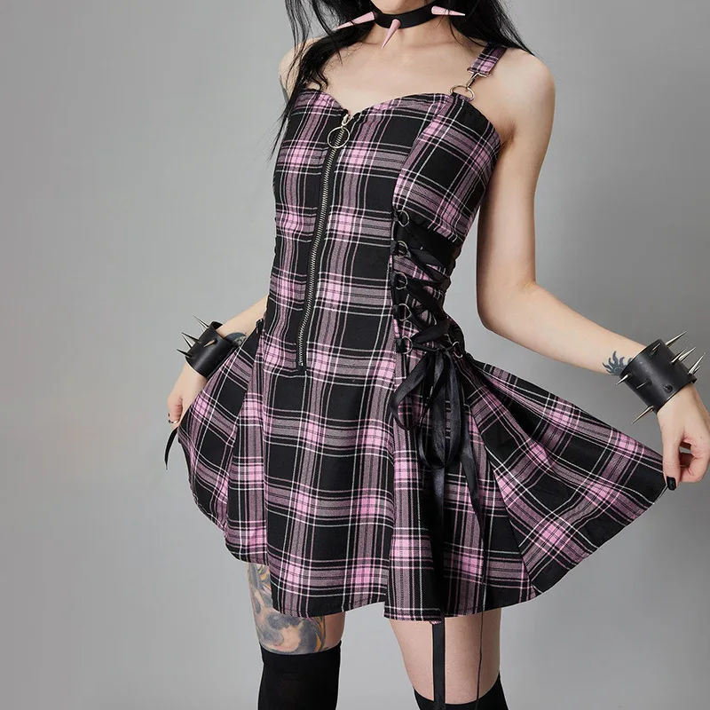 

Gothic Plaid Print Mini Dresses Summer Grunge Punk Black A Line Dress Partywear Harajuku Sexy Lace Up Dress