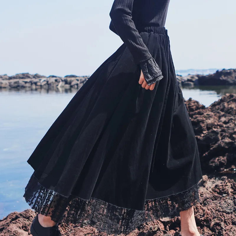 [LANMREM] 2020 Весенняя Новинка модная черная юбка-зонтик с кружевной строчкой и