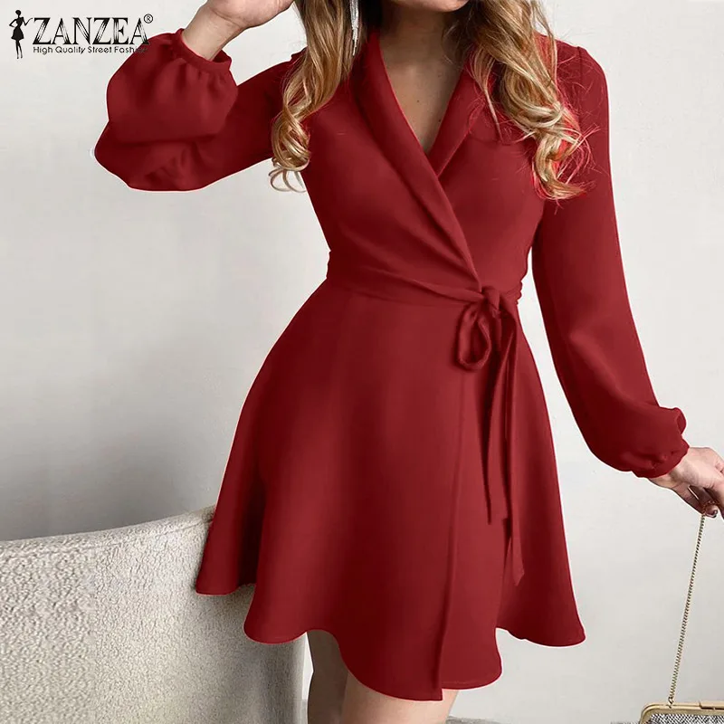 

Модель 2022 года, элегантное женское платье ZANZEA в офисном стиле с отложным воротником и длинными рукавами-фонариками, модный однотонный мини-...