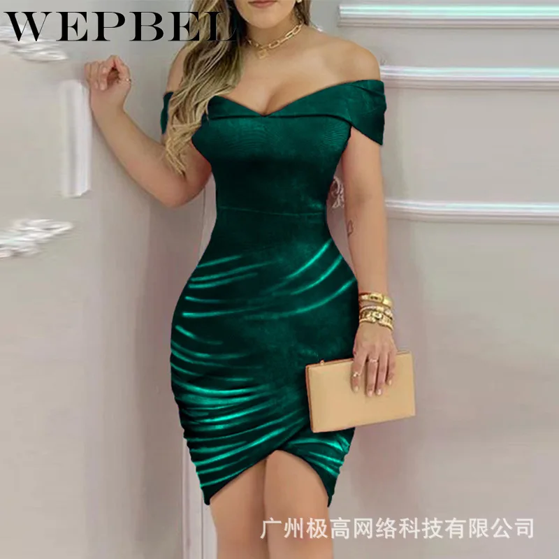 

WEPBEL Women Elegant Velvet Ruched Skinny Dress Ladies Sexy Off Shoulder Sleevelesss Party Dress Slim Fit High Waist Dress