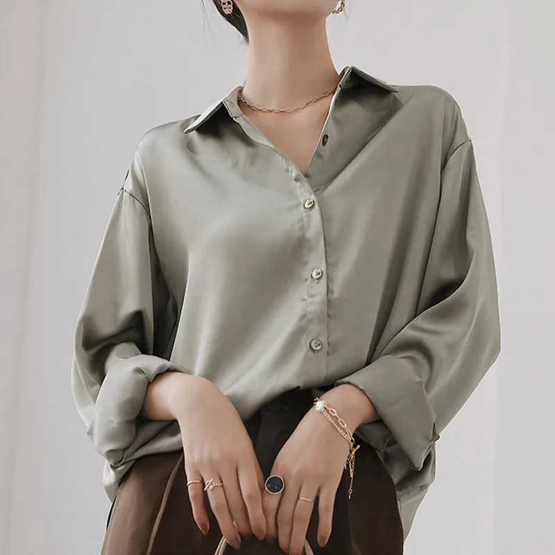 

Блузка Женская атласная с длинным рукавом, однобортная Свободная рубашка в винтажном стиле, лето-осень 2020