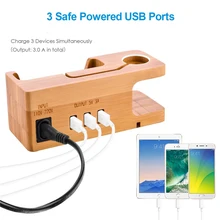 Bamboo Wood Charging Dock Station Mobile Phone Stand Holder 3 USB Charger Station For Apple Watch iWatch iPhone 12 11 Pro Max XR