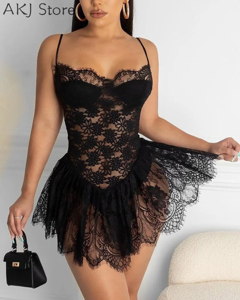 

Women Solid Color Lace Sheer Sleeveless Spaghetti Strap Mini Dress