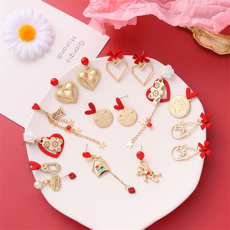 

2021 Red New Style Earrings Korean Bow Long Love Tassel Earrings Bear Asymmetrical Ear Stud Women