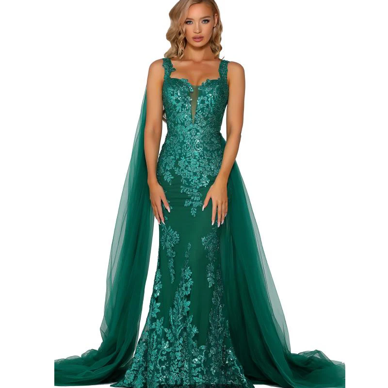 

JONANY Evening Dress For Women Luxury Apparel V Neck Satin Beading Sequined Mermaid Robe De Soirée Sexy Emerald Green Gown