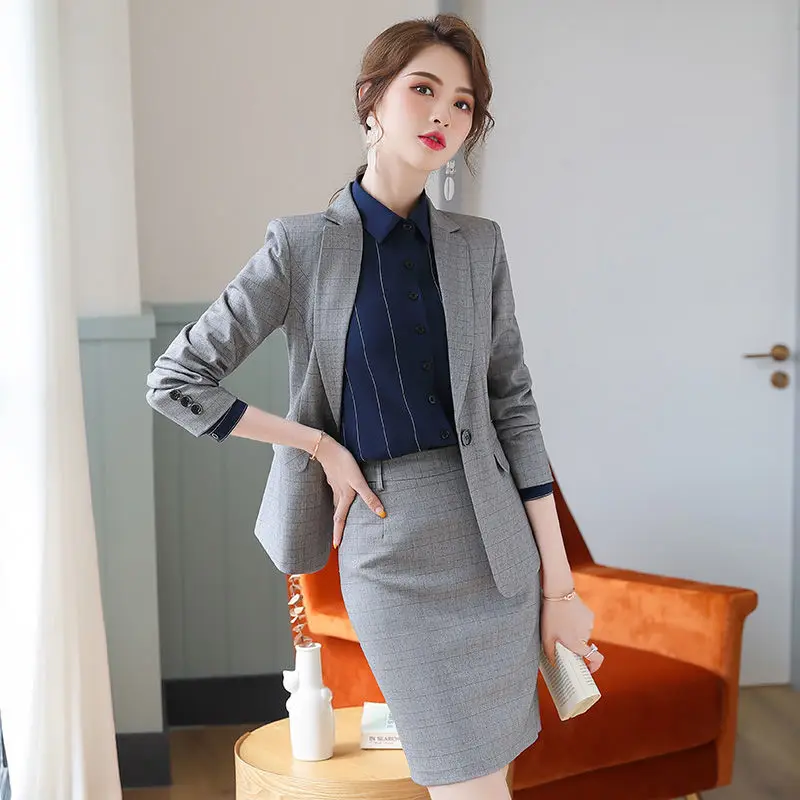 

Grey Plaid Suit 2021 Spring New Suit Female Fashion Temperament Korean High-end Business Suit Business Formal Wear