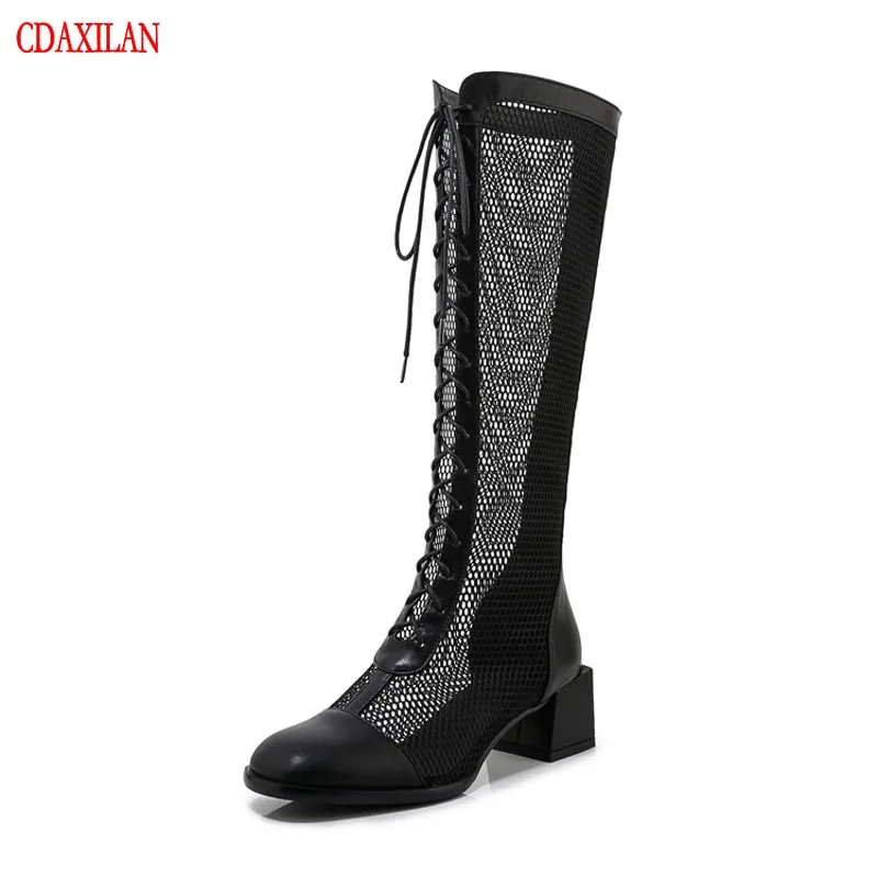 

Women knee-high boots ladies summer breathable microfiber patent patchwork Mid-heels adjustable lace-up shoes boots back zipper