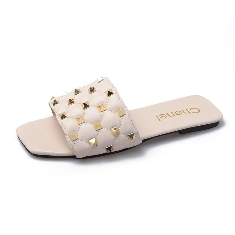 

Free Shipping-ladies Square-toe Sandals and Slippers 2021 Summer New Large Size Rivet Flat Beach Shoes Wear Flip-flops