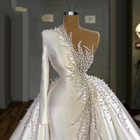 new one shoulder long sleeve mermaid satin wedding dresses 2021 with detachable train luxury heavy pearls arabic bridal gowns