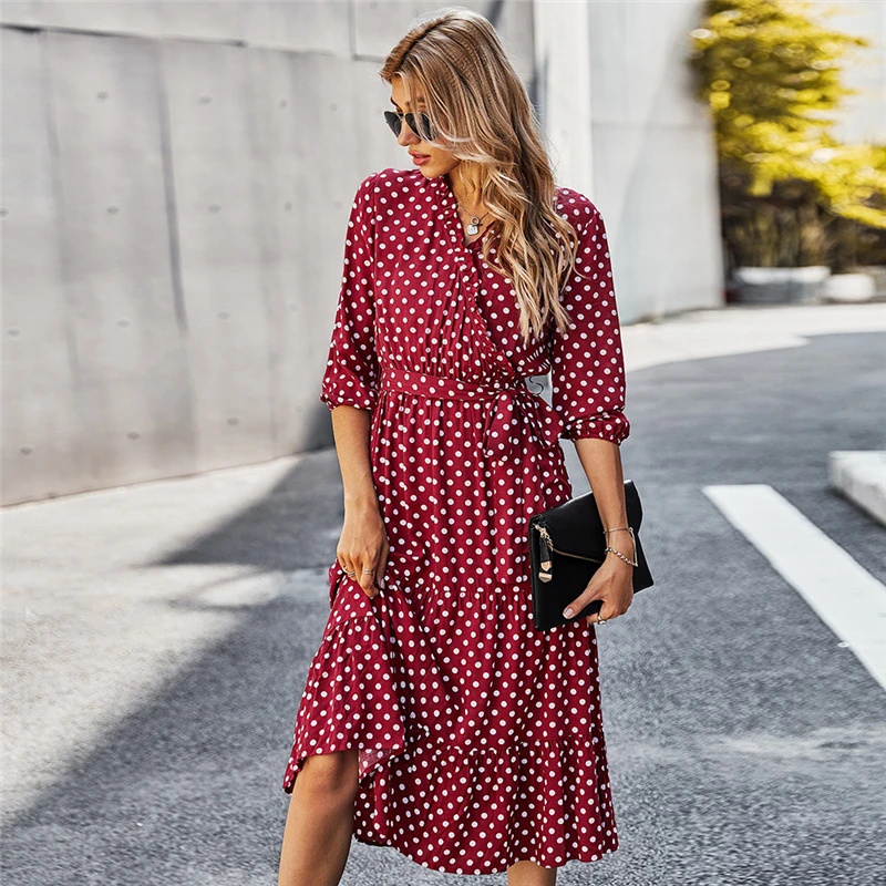 2021 New Fashion Autumn Winter Dot Bandage Dress Women Casual Ruffle V Neck High Waist Slim Print Long Dress for Women