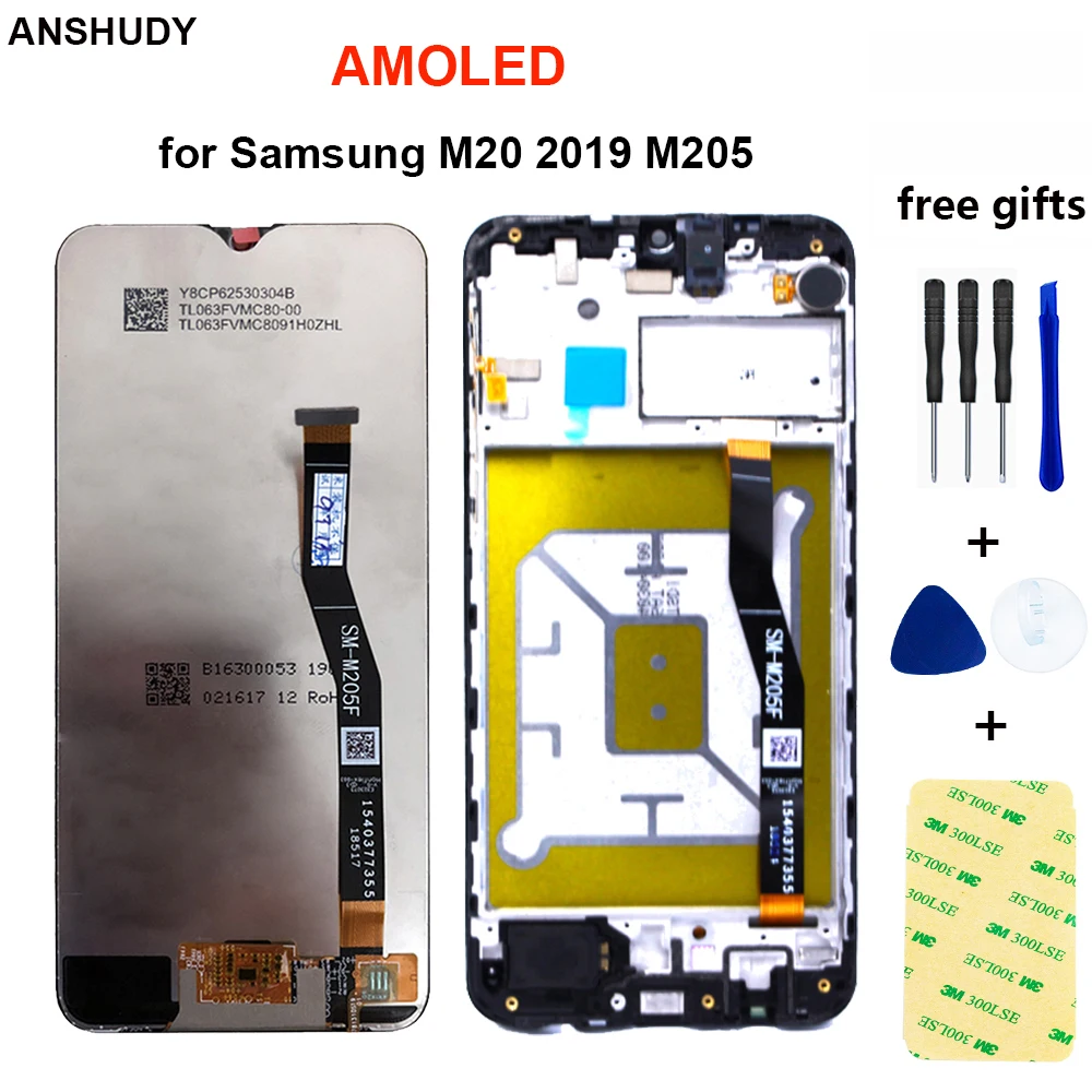 AMOLED For SAMSUNG Galaxy M20 2019 SM-M205 M205F LCD Display Touch Screen Digitizer Assembly replacement parts Free Shipping |