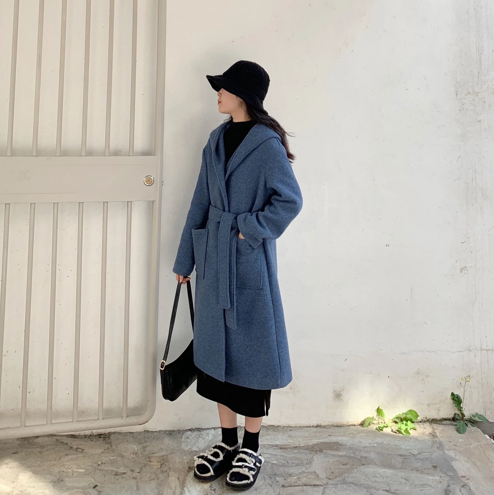 Осень Зима размера плюс женское Шерстяное Пальто с капюшоном модное приталенное