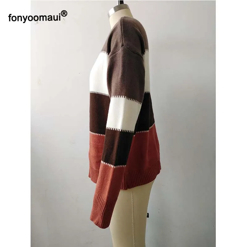 Large Size Multicolor Striped Colorblock O Neck Sweater For Women Contrast Splicing Color Loose Sweaters Lady Autumn Winter | Женская