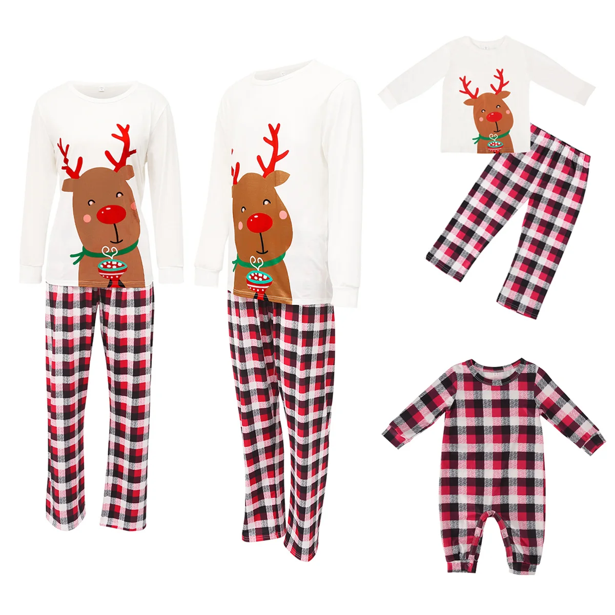 

Matching Family Christmas Pajamas Long Sleeve Cartoon Deer Tops Plaid Pants Set Loungewear