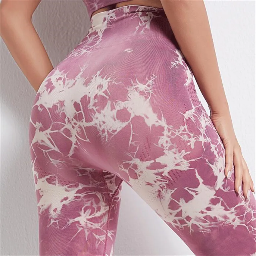 

Women Yoga Sportswear Seamless Running Suits Green+ Blue Tie Dye Gym Active Clothing High Waist Tummy Control Pants Fitness Set