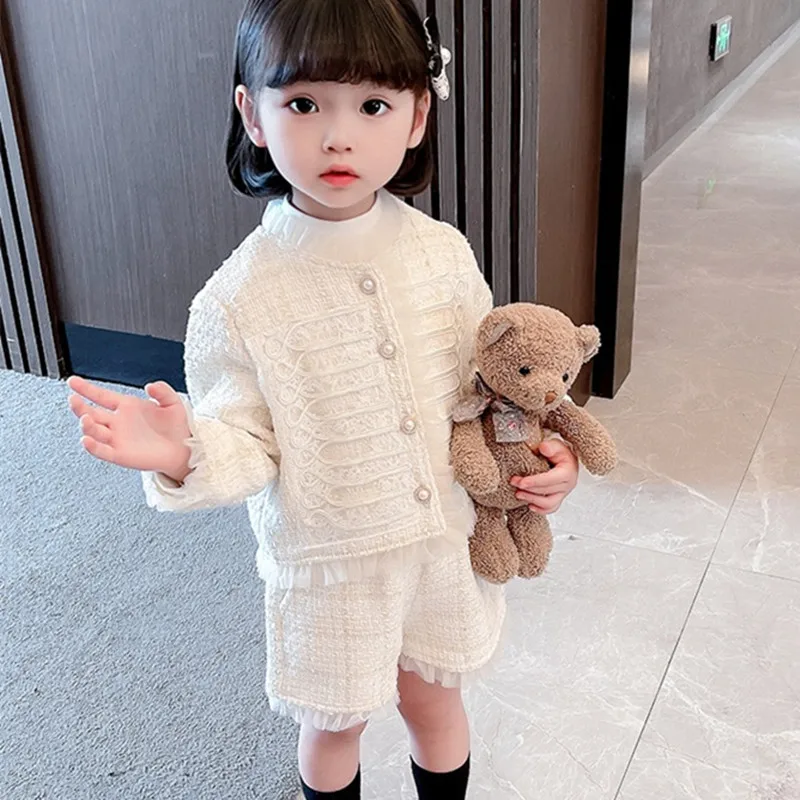 

Baby Girls Birthday Party Princess Clothing Sets 2021 Autumn Fashion Solid Color Lace Elegant Single Breasted Coat+Shorts Outfit