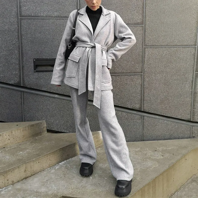 

Casual Suits Solid Light Grey Women Sets Tight Fitting High Street Style Autumn Winter Office Ladies Women Suits 2021