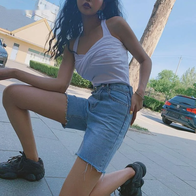 

Aisolin High waist sleeve Denim shorts Bermuda Plus Size Woman New fashion five point Denim shorts Washing hot summer