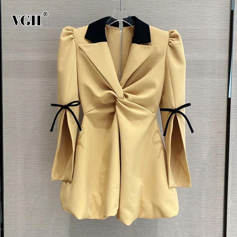 

VGH Elegant Colorblock Mini Dress For Women Notched Long Sleeve Gathered Waist Fold Pleated Loose Dresses Female 2021 Clothing