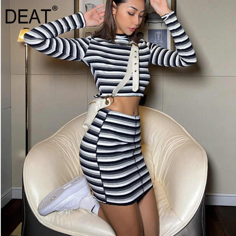 Женский костюм с юбкой мини DEAT короткая облегающая футболка в полоску длинными