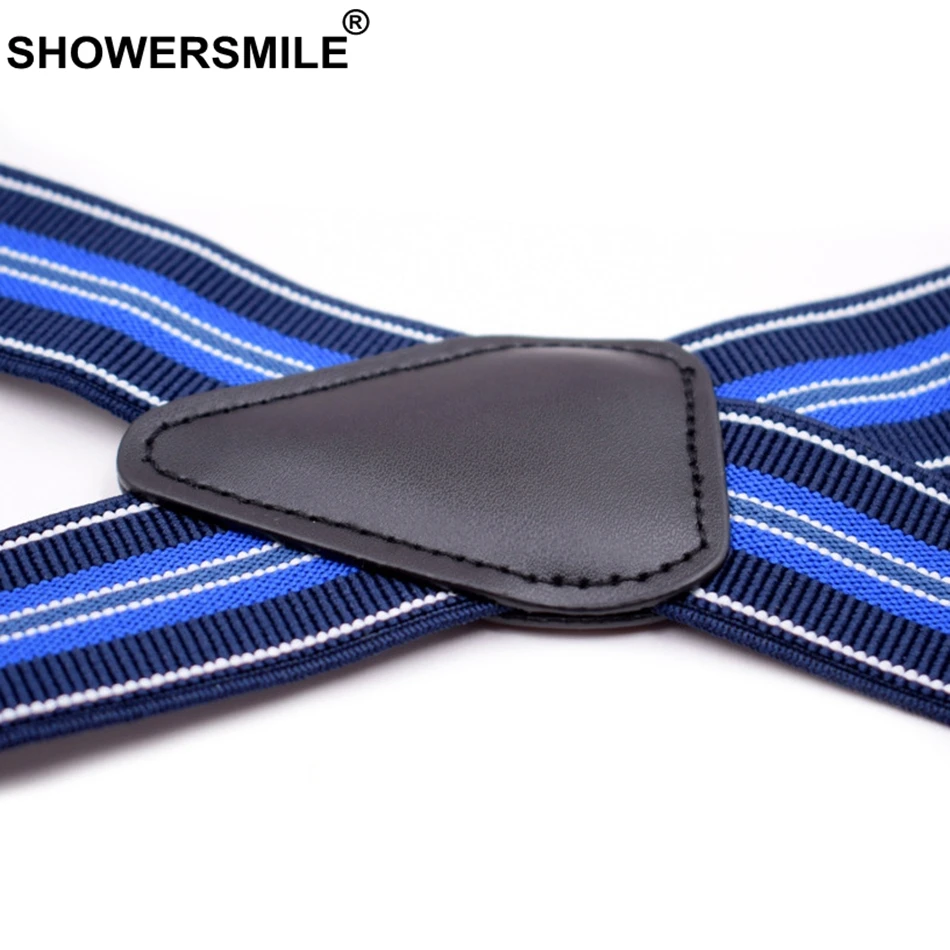 Мужские подтяжки SHOWERSMILE синие с полосками на спине 4 зажима эластичные