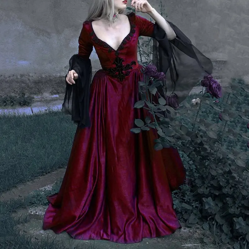 Женское винтажное длинное платье Goth темно черное Сетчатое в стиле ретро на осень